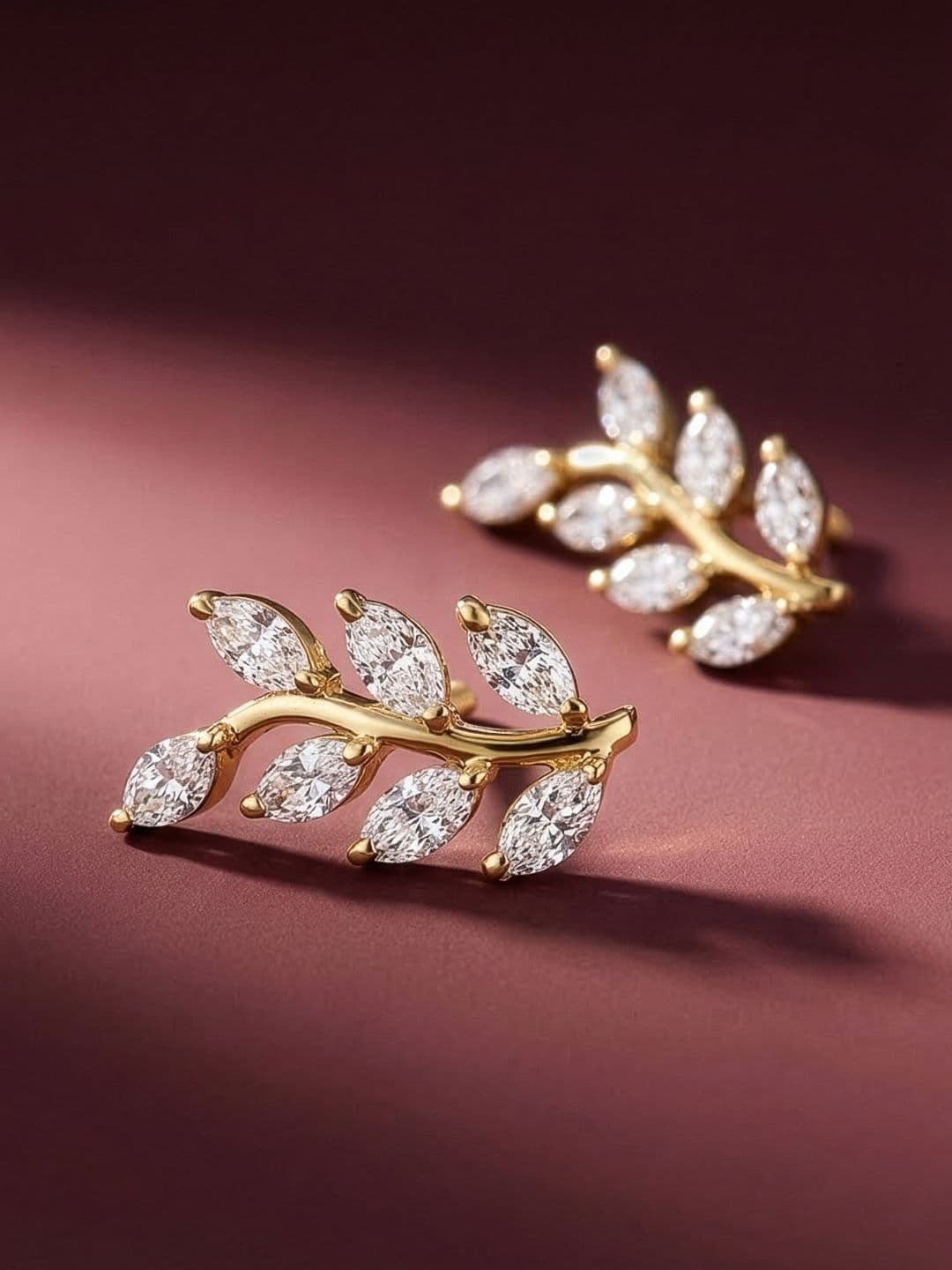 MAEJOY Elegant Leaf Lab grown diamond 92.5 Sterling Silver 18KT Gold plated stud earrings - view 1