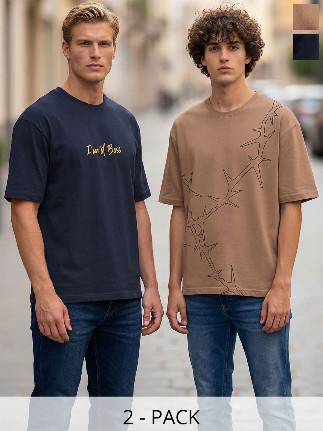 BULLMER Pack Of 2 Typography Printed Round Neck Oversized T-shirts - view 1