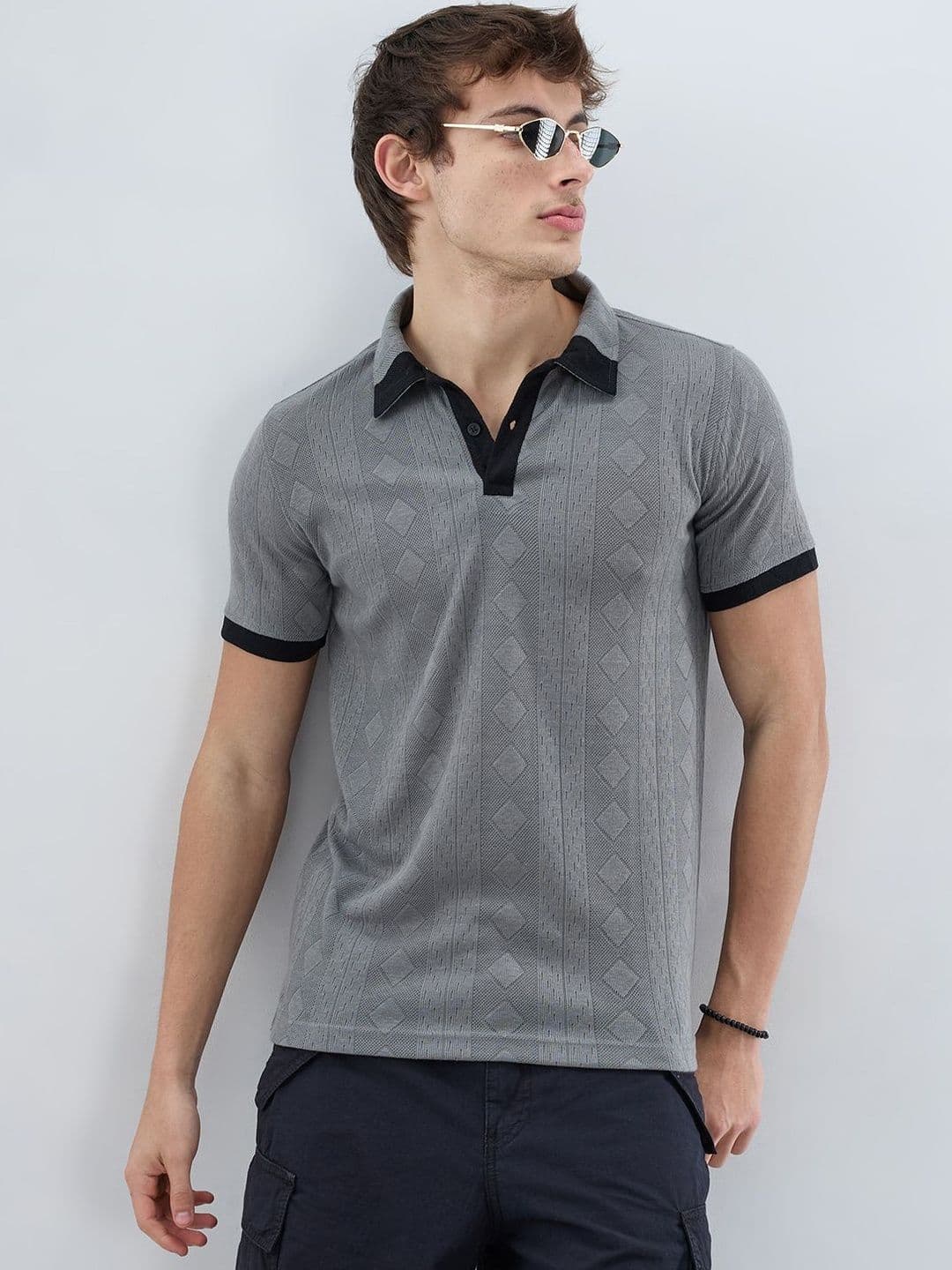 VASTRADO Zinc Grey Contrast Polo Neck Diamond Weave Knit Tshirts - view 1