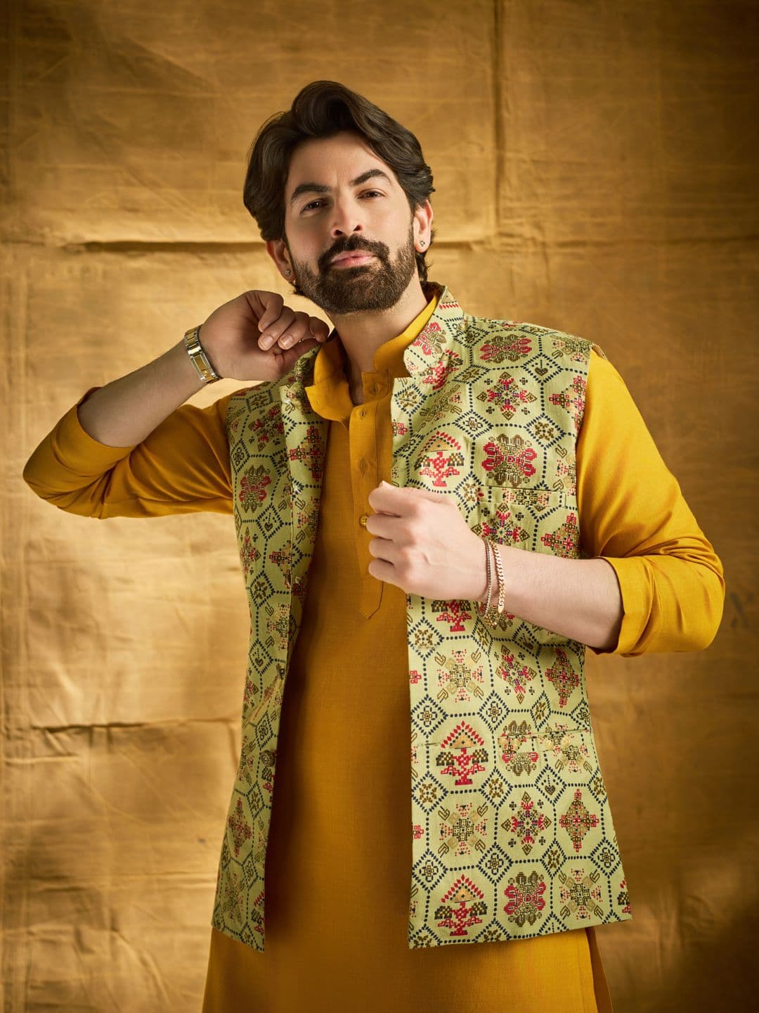 SOJANYA Men Olive Green Ethnic Motifs Printed Nehru Jacket - view 1
