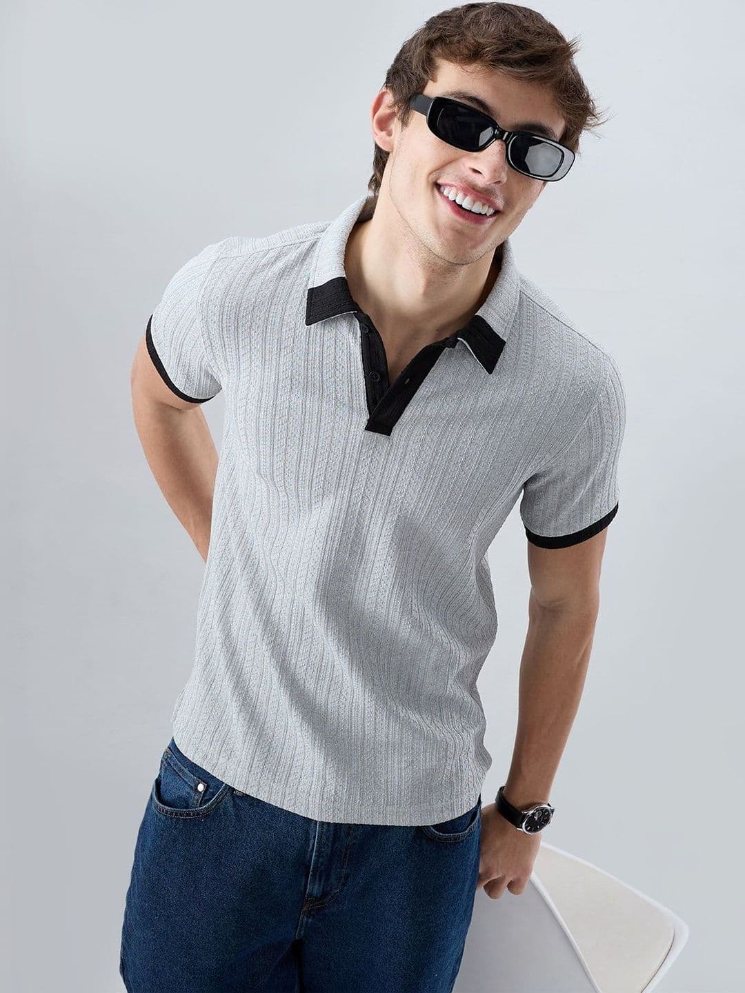 VASTRADO Light Grey Contrast Polo Neck Tshirts - view 1