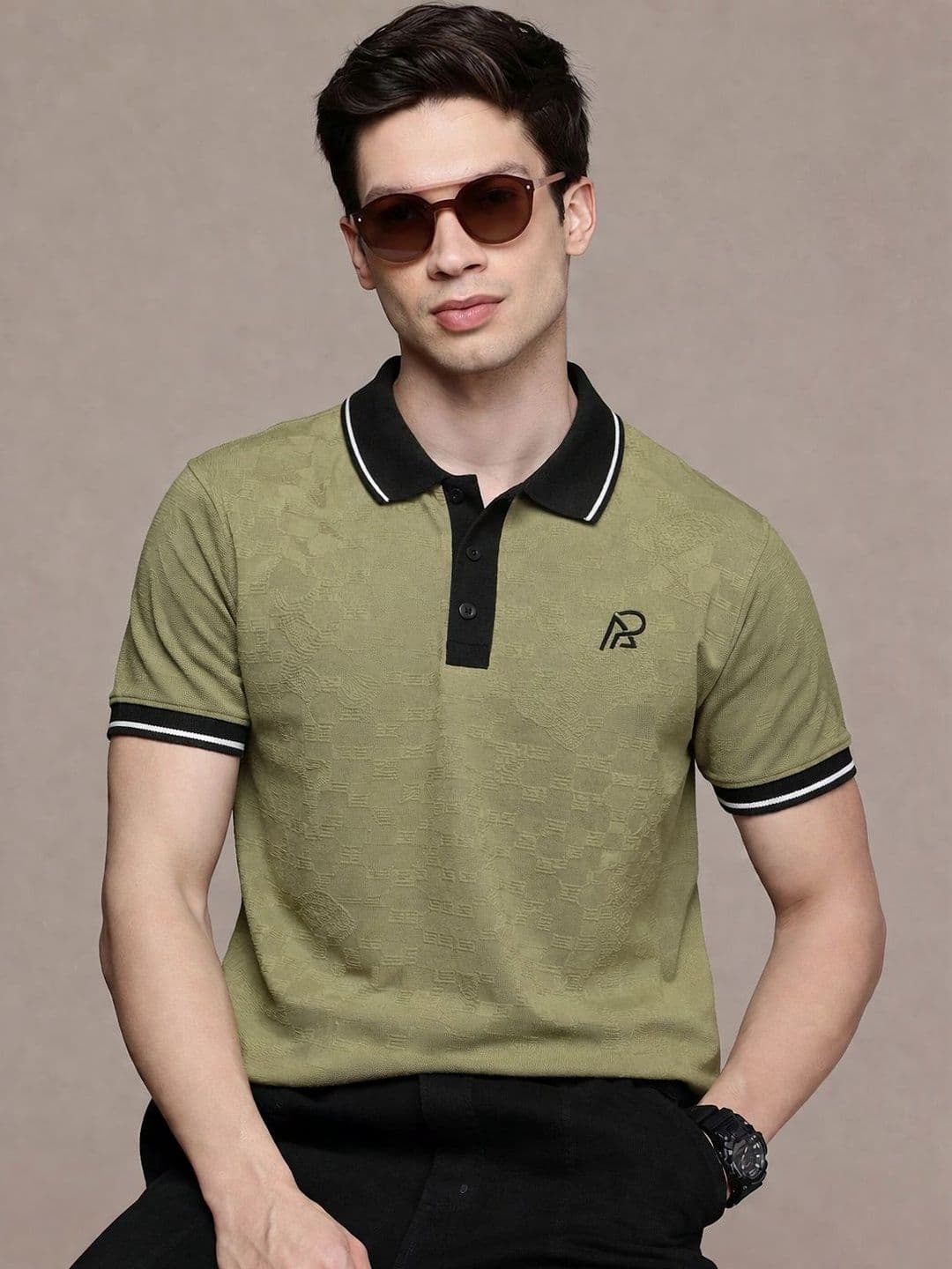 COMBRAIDED Men Textured Polo Collar Button Placket Tshirts - view 1