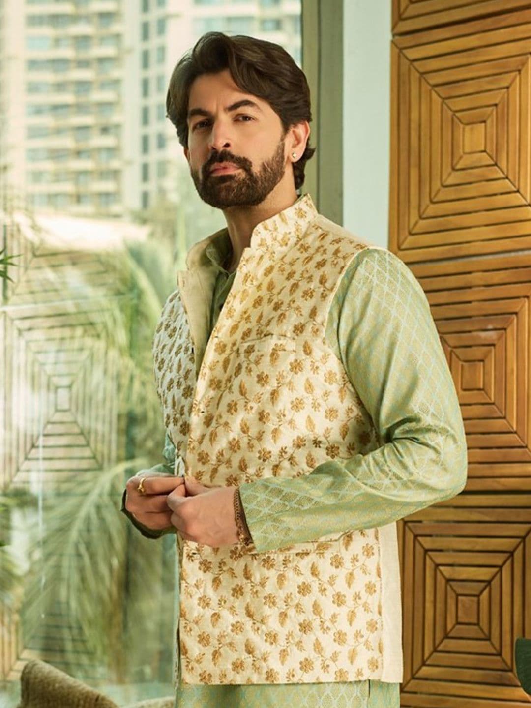 SOJANYA Men Cream-Coloured & Golden Embroidered Nehru Jacket - view 1
