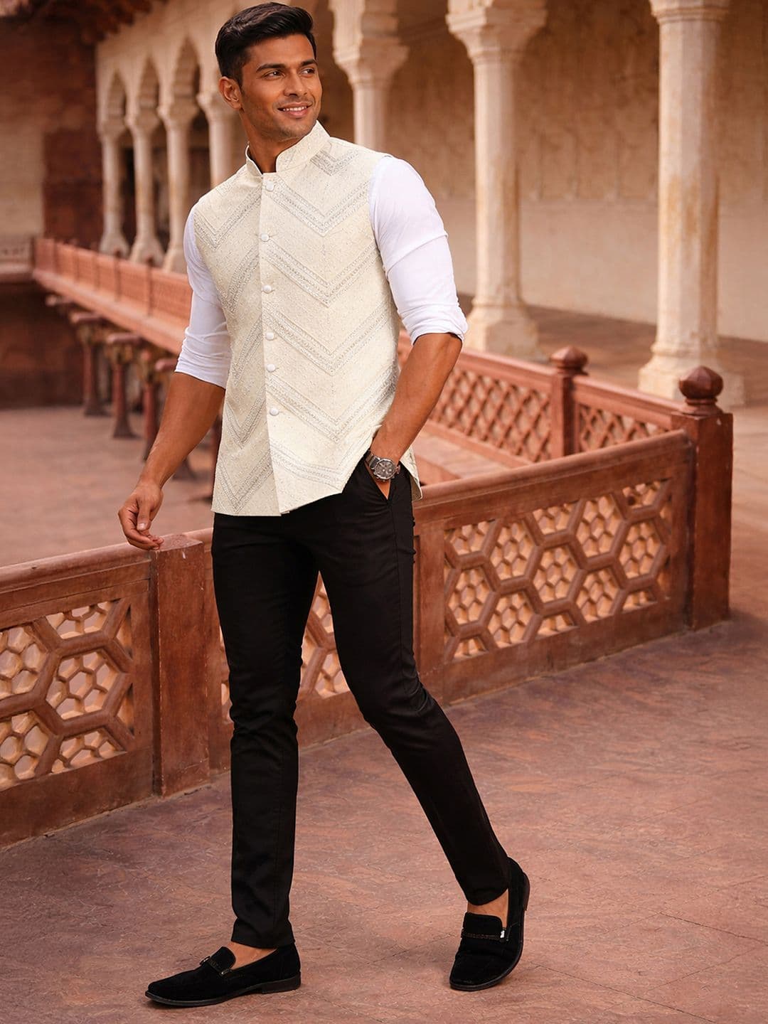 VASTRAMAY Embellished Mandarian Collar Neck Woven Nehru Jackets - view 1