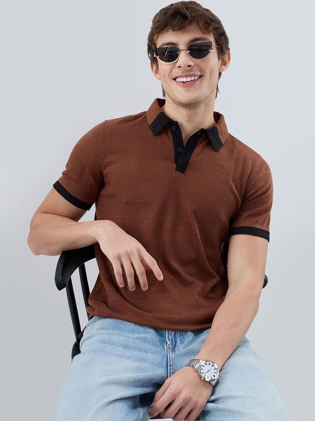 VASTRADO Self Design Polo Collar Slim Fit Knit Tshirt - view 1