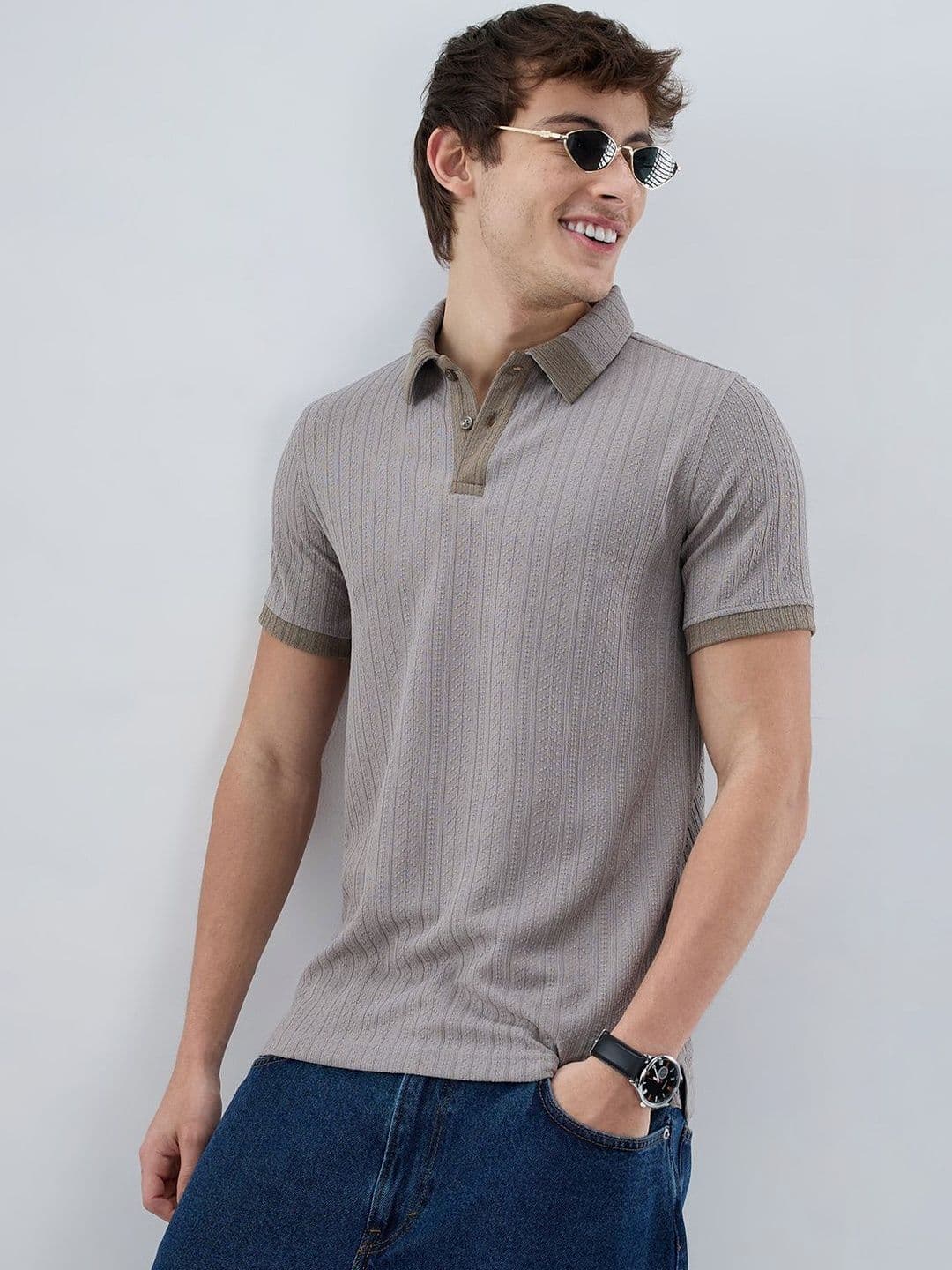 VASTRADO Ash Grey Ribbed Polo Neck Knit Tshirts - view 1
