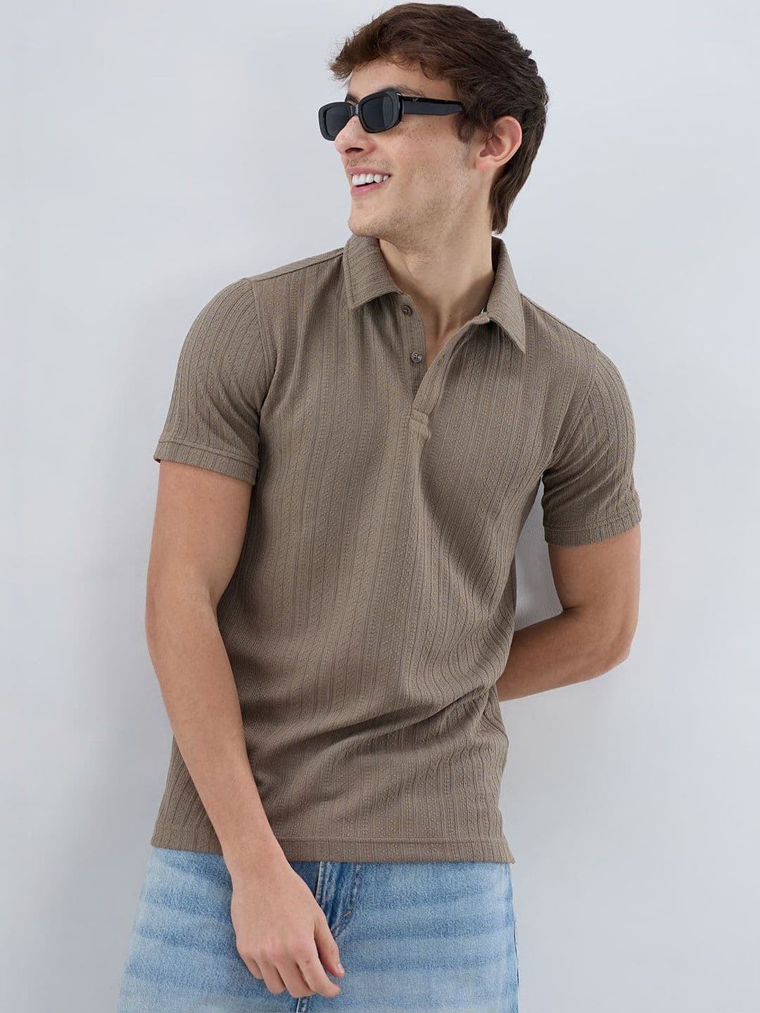 VASTRADO Dusty Beige Polo Neck Knit Tshirts - view 1