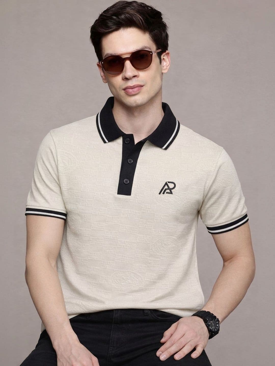 COMBRAIDED Men Textured Polo Collar Button Placket Tshirts - view 1