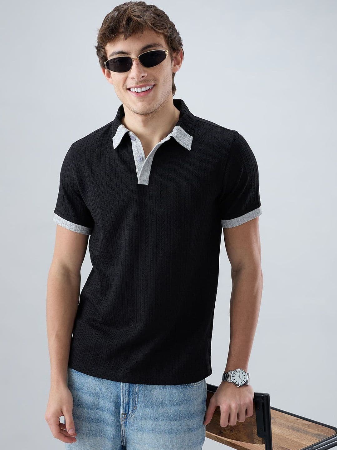 VASTRADO Rich Black Contrast Polo Neck Knit Tshirts - view 1
