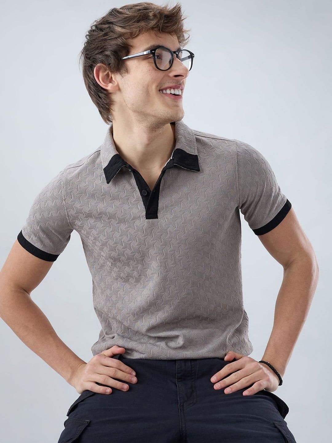 VASTRADO Shadow Grey Textured Contrast Polo Neck Knit Tshirts - view 1