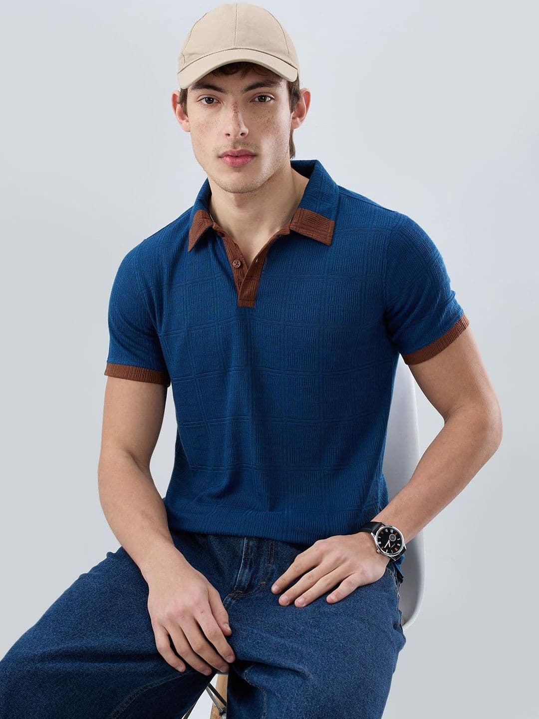 VASTRADO Dark Slate Blue Grid Contrast Polo Neck Knit Tshirts - view 1
