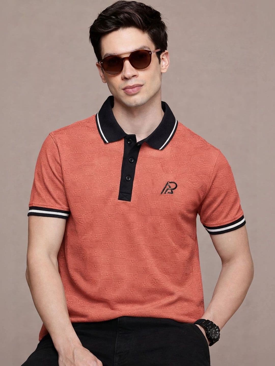 COMBRAIDED Men Textured Polo Collar Button Placket Tshirts - view 1