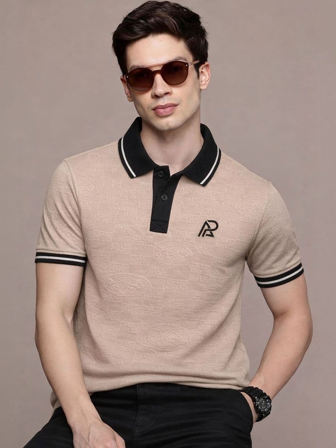 COMBRAIDED Men Textured Polo Collar Button Placket Tshirts - view 1