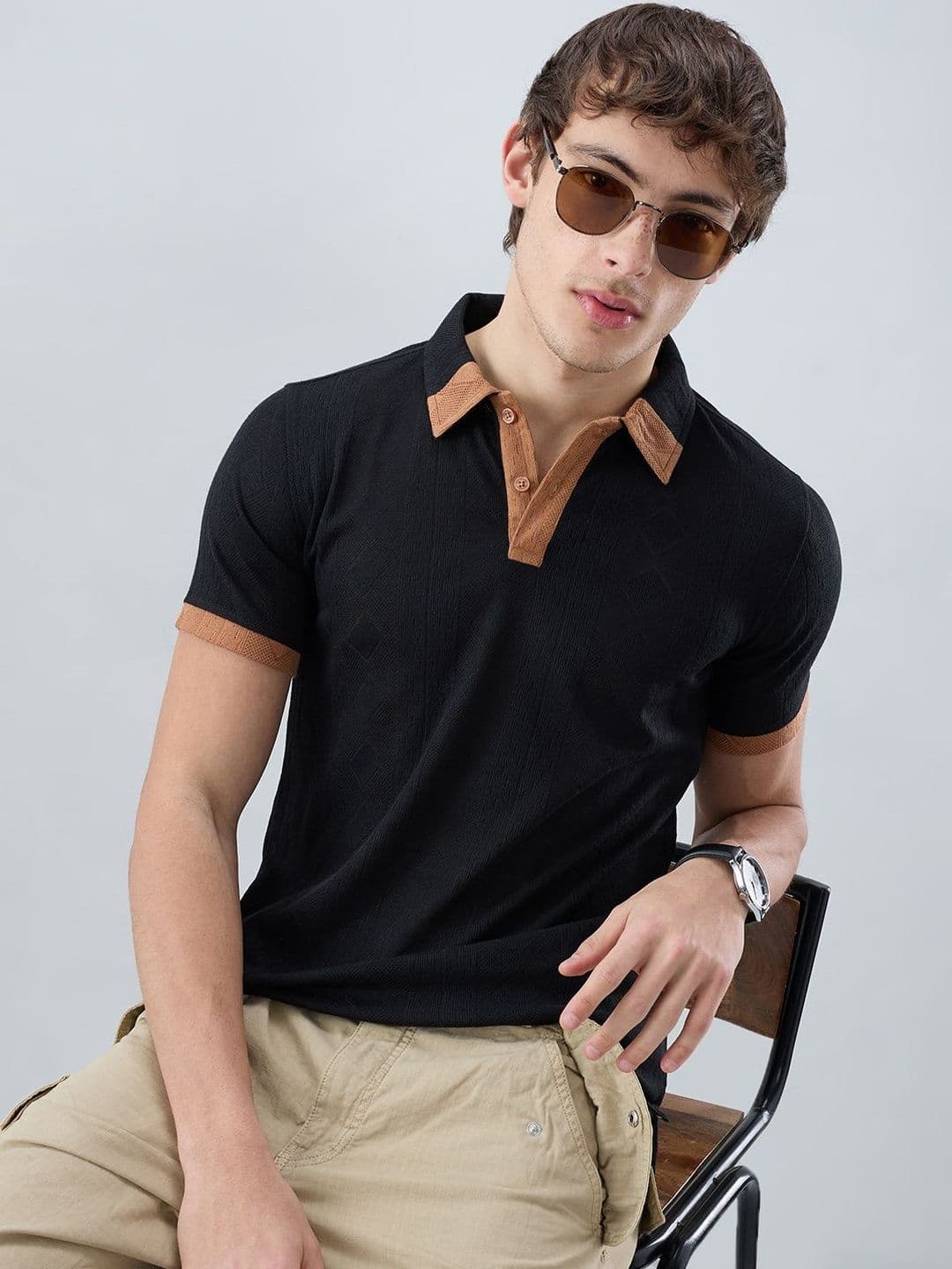 VASTRADO Rich Black Contrast Polo Neck Diamond Weave Knit Tshirts - view 1