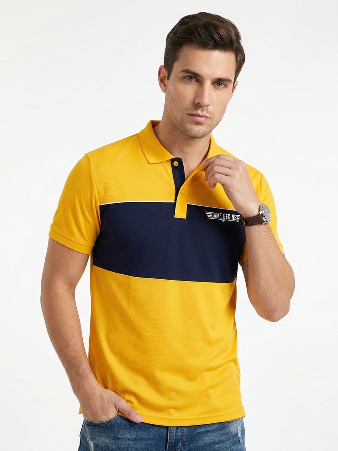 Here&Now X Game Begins Men Typography Colourblocked Polo Collar T-shirt - view 1