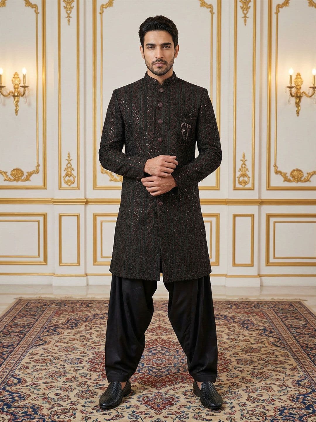 Jompers Embroidered Mandarin Collar Sherwani - view 1