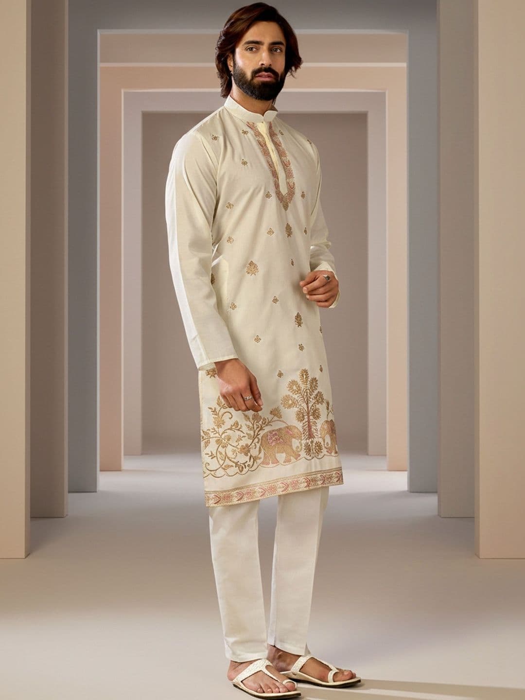 INDIROOP Ethnic Motifs Embroidered Mandarin Collar Thread Work Pure Cotton Straight Kurta - view 1