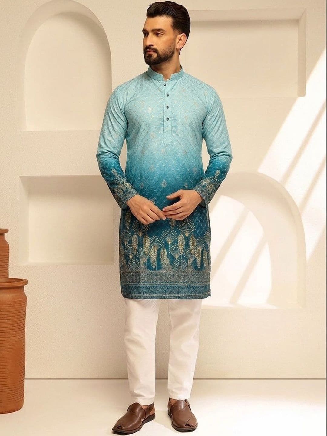 VELKYNOX Men Floral Printed Mandarin Collar Regular Sleeves Sequinned Kurta - view 1