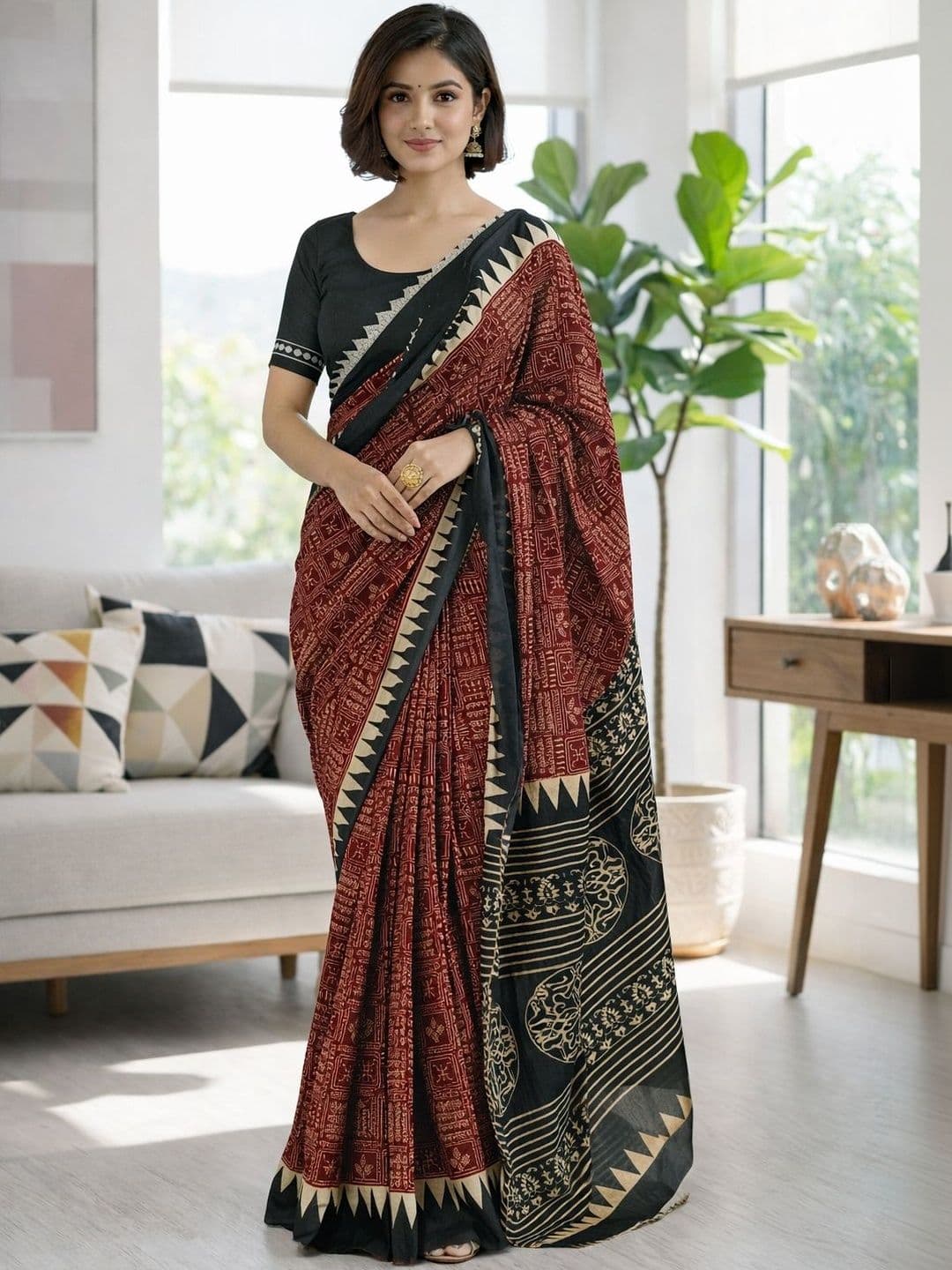 Vibhagyaa Ikat Pure Cotton Blouse Piece Printed Floral Geometric Daily Wear Sarees - view 1