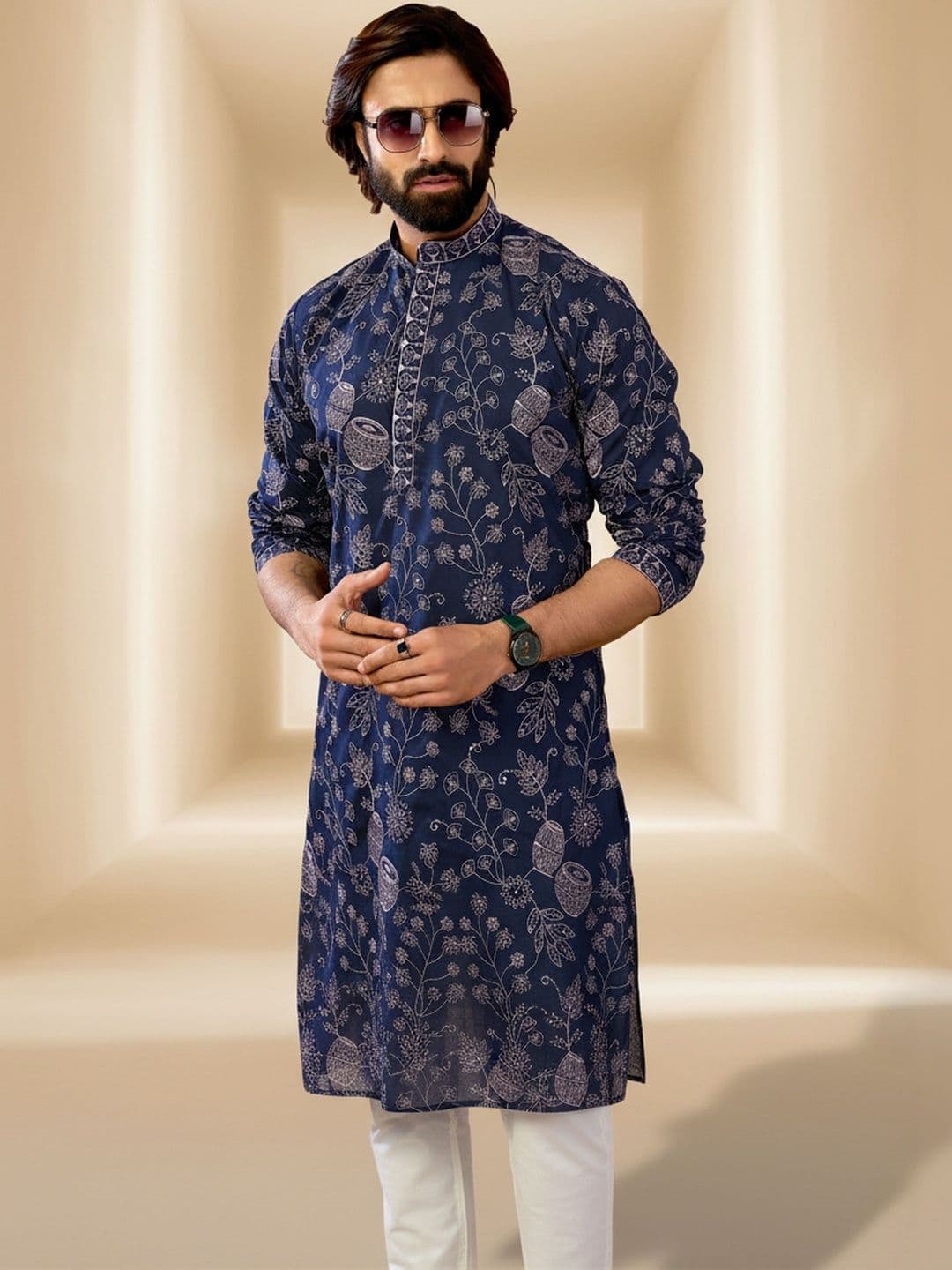 INDIROOP Men Floral Printed Mandarin Collar Cotton Kurta - view 1