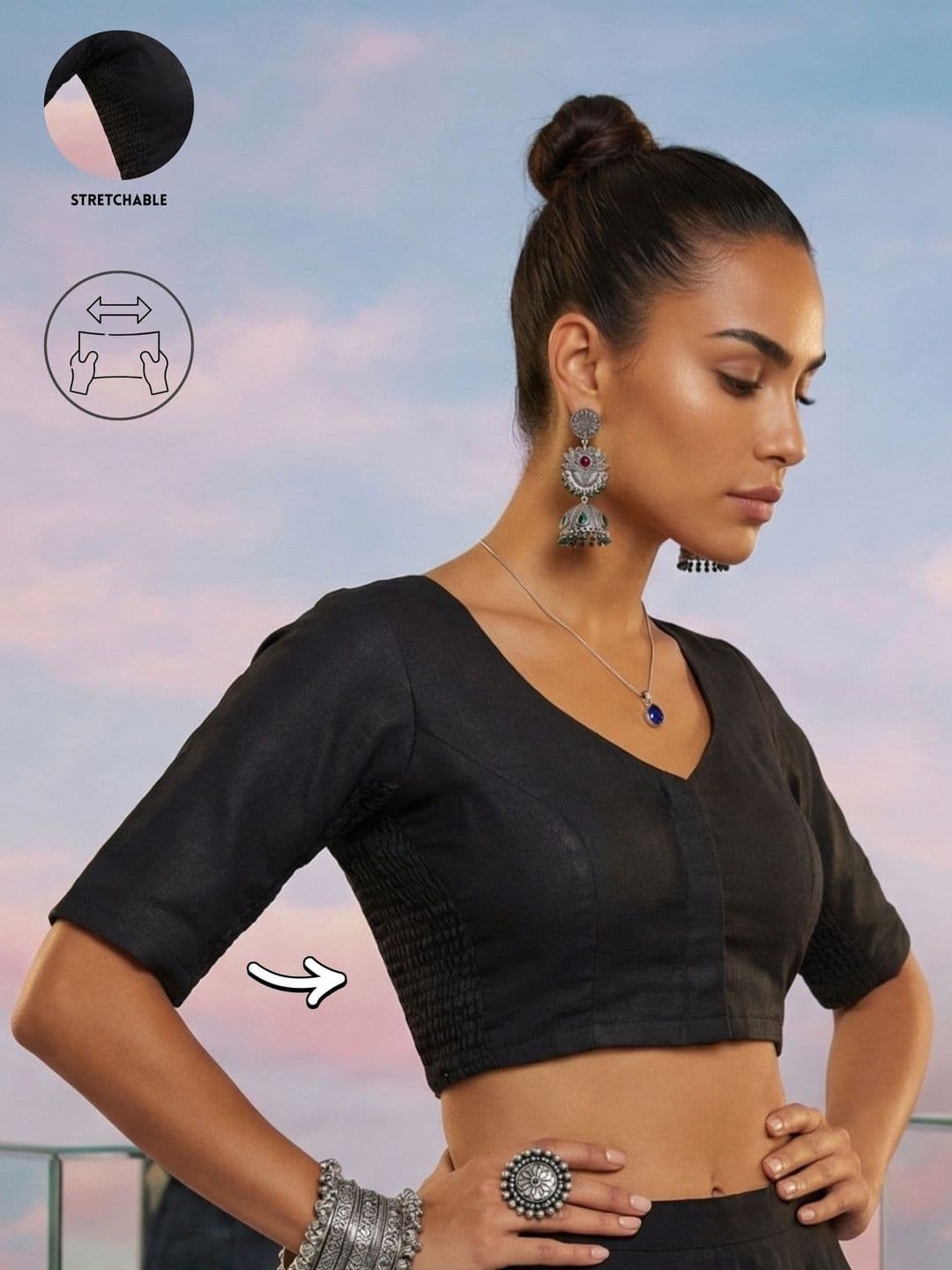 Aanyor Black Cotton V-Neck with Stretchable Smocked Short Sleeves Saree Blouse - view 1