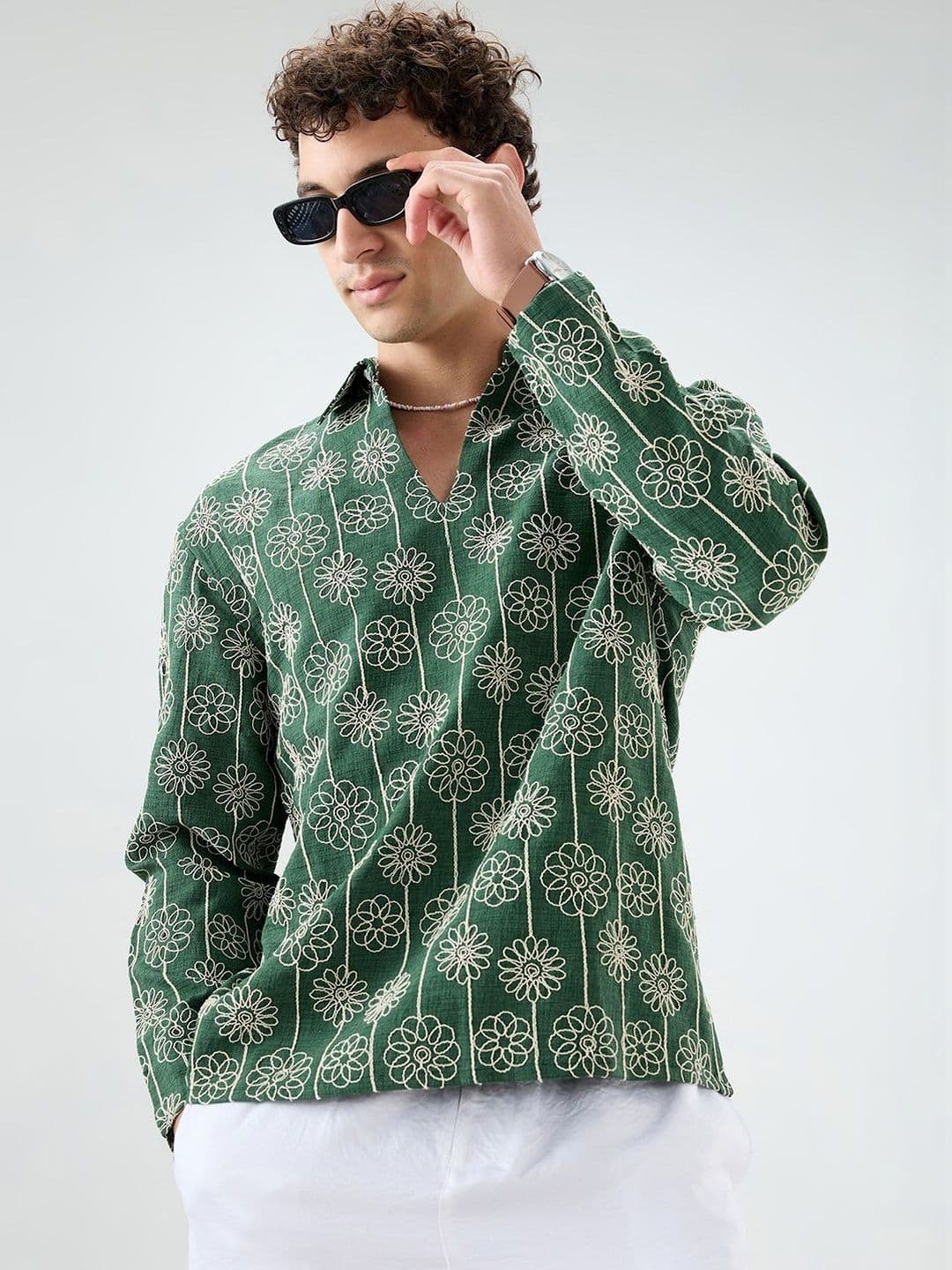 VASTRADO Green Floral Embroidered Oversized Polo Neck Shirts - view 1