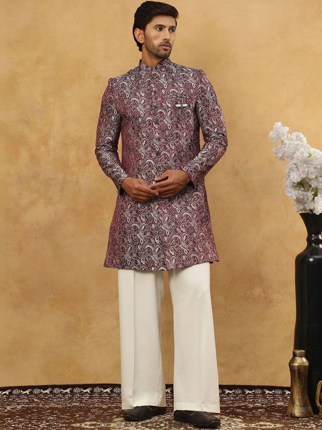 Jompers Self Design Mandarin Collar Sherwani - view 1