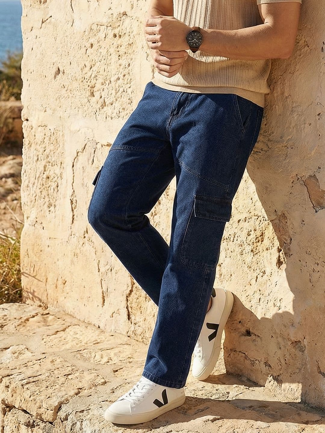 Mast & Harbour Men Slim Fit Cargo Style Pure Cotton Jeans - view 1