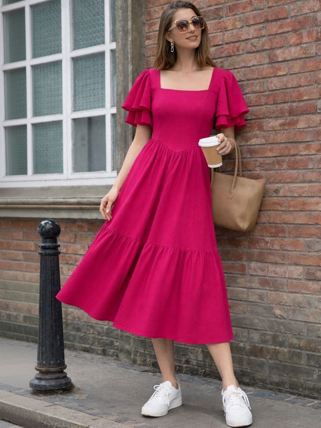 SHEETAL Associates Flutter Sleeve Layered Crepe Fit & Flare Midi Dress - view 1