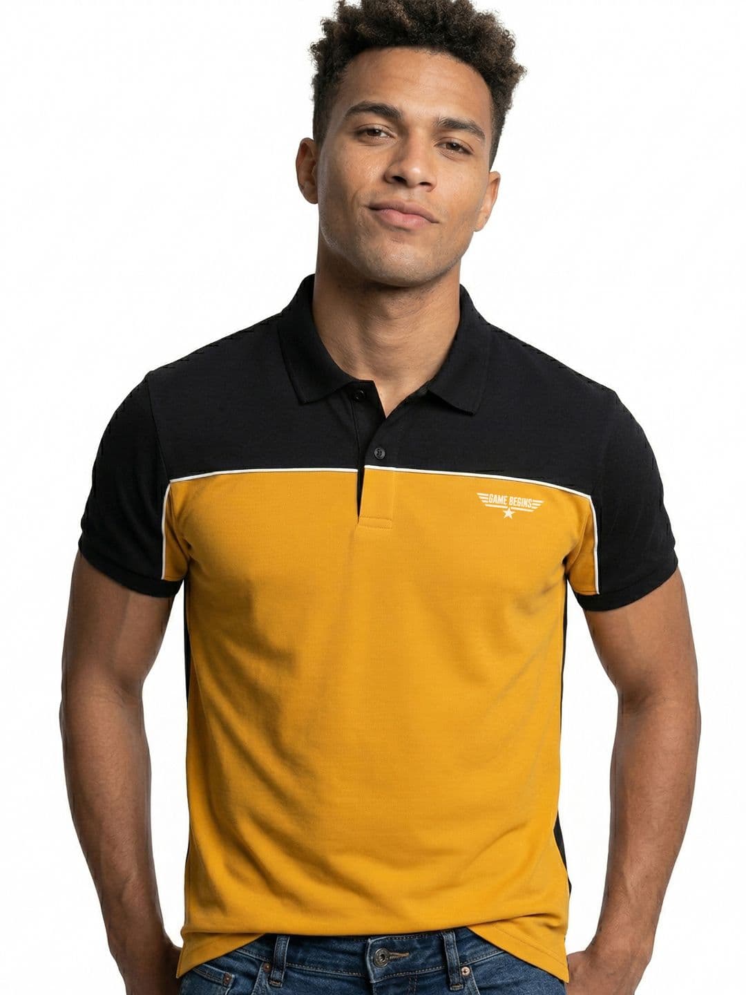 Here&Now X Game Begins Men Brand Logo Colourblocked Polo Collar T-shirt - view 1