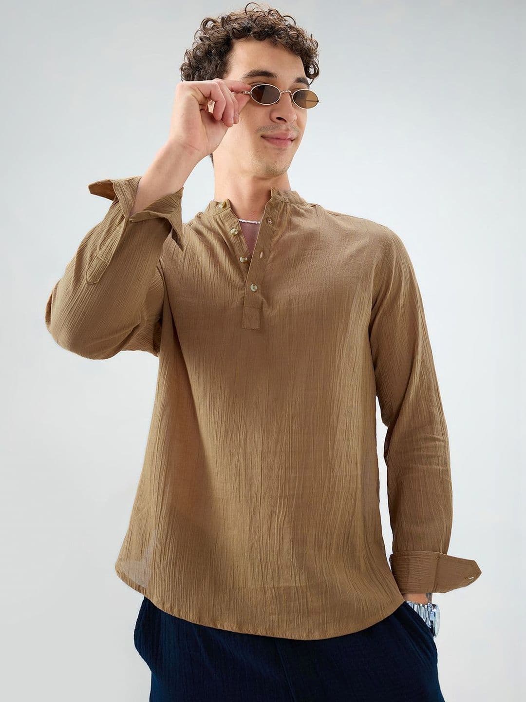 VASTRADO Men Sheer Khaki Linear Crepe Cotton Kurta - view 1
