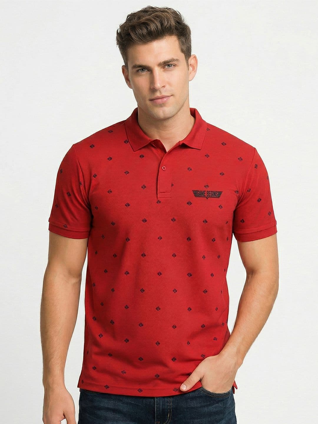Here&Now X Game Begins Men Polka Dot Polo Collar T-shirt - view 1