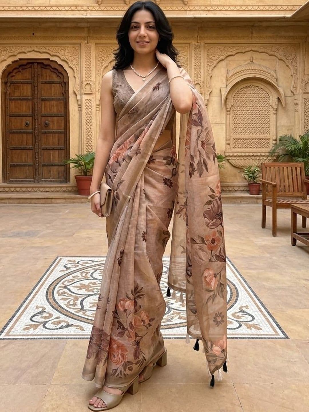 AANVI Beige Floral Digital Printed Supernet Blouse Piece & Sarees - view 1