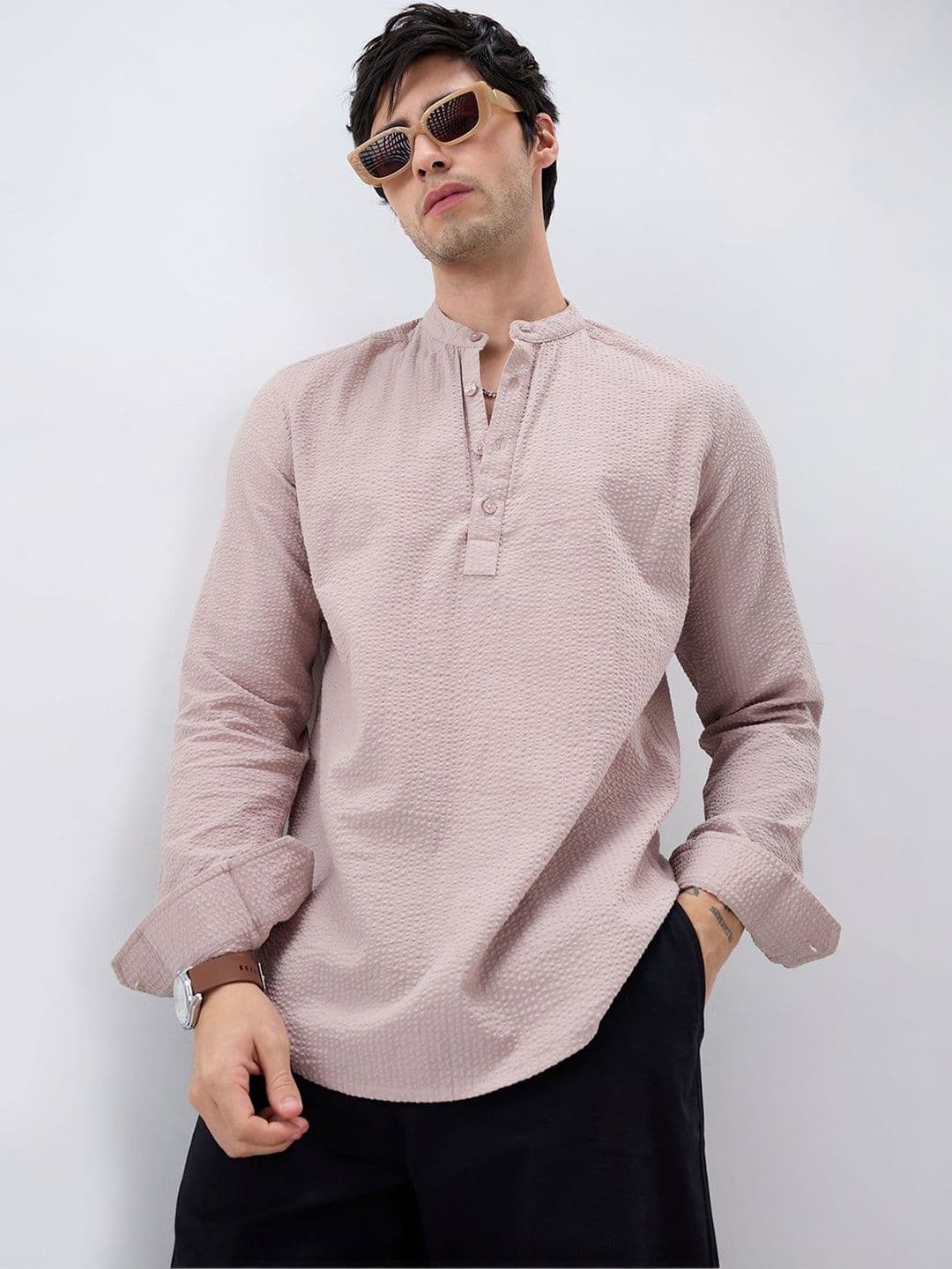 VASTRADO Men Striped Mandarin Collar Cotton Kurta - view 1