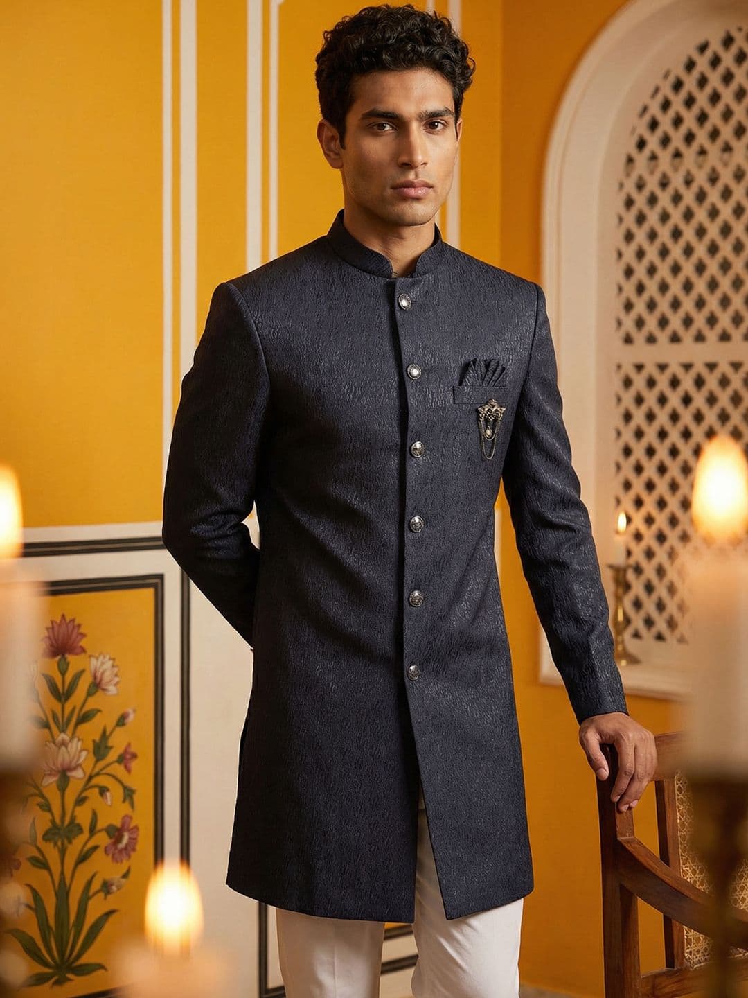 Jompers Embroidered Mandarin Collar Sherwani - view 1