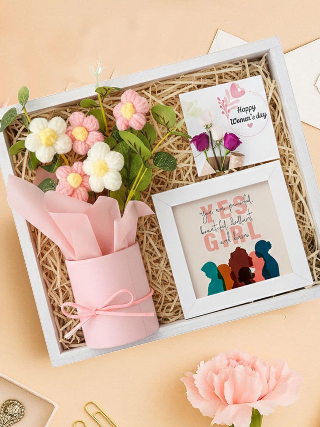 TIED RIBBONS Womens Day Gift Hamper with Crochet Flower Bouquet Frame & Card - view 1