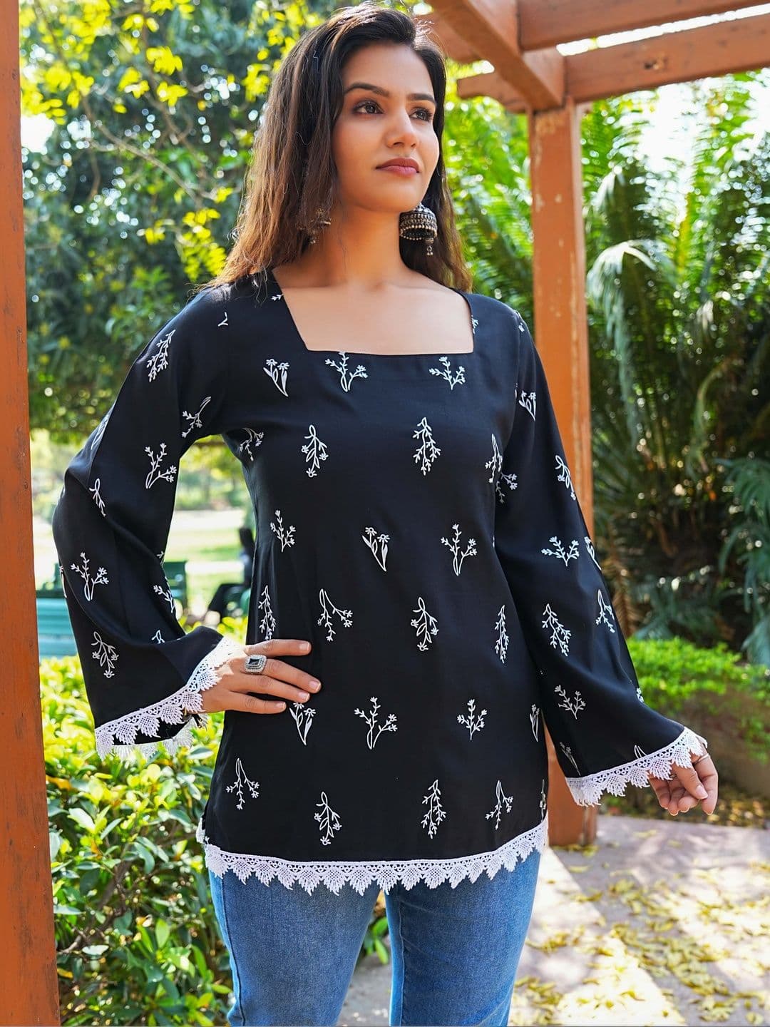 SAK JAIPUR Botanical Printed Square Neck Flared Sleeves Kurti - view 1