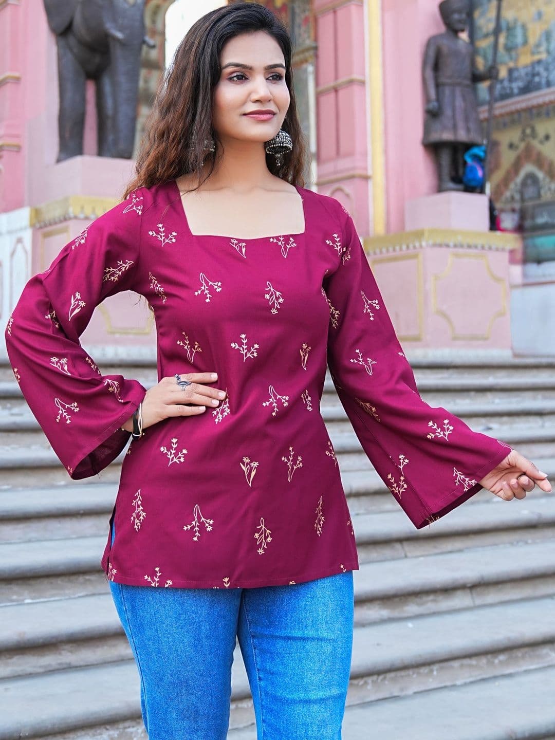 SAK JAIPUR Botanical Printed Square Neck Flared Sleeves Kurti - view 1