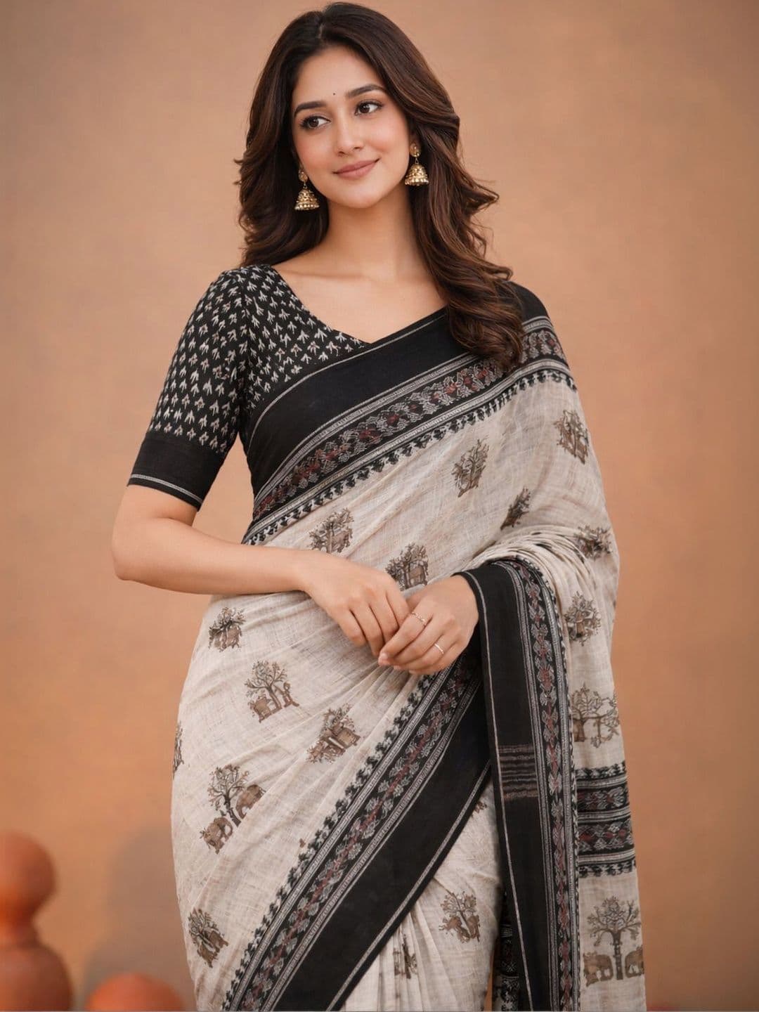 SWISS HORN Woven Pattern Cotton Blend Linen Saree - view 1