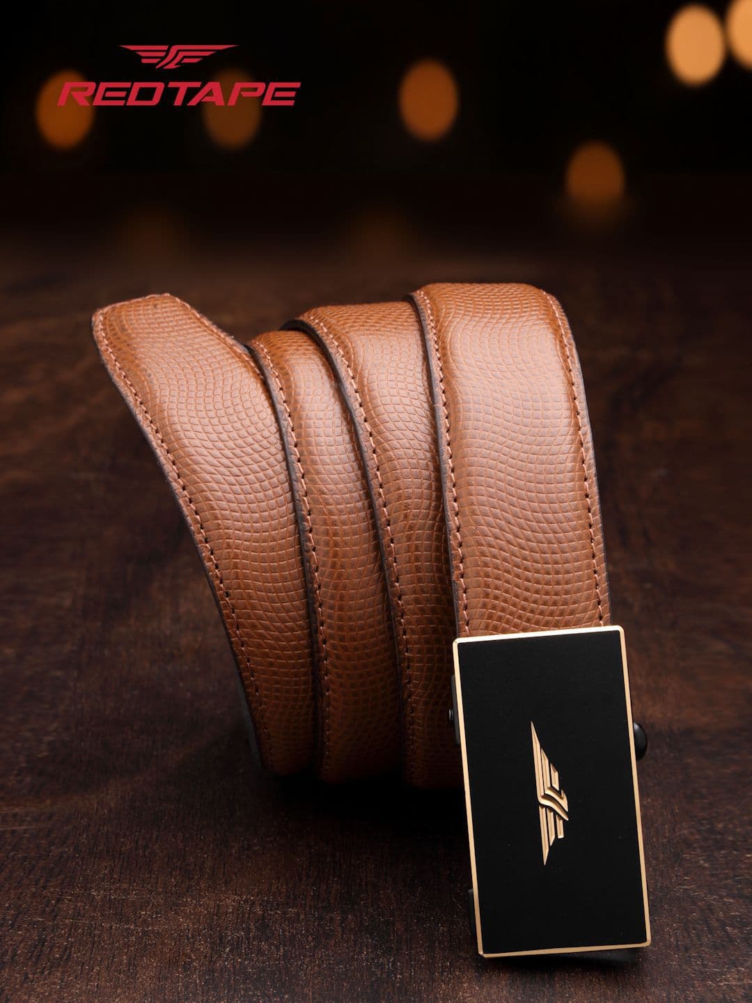 Red Tape Men Tan Textured Leather Formal Casual Autolock Belt - view 1