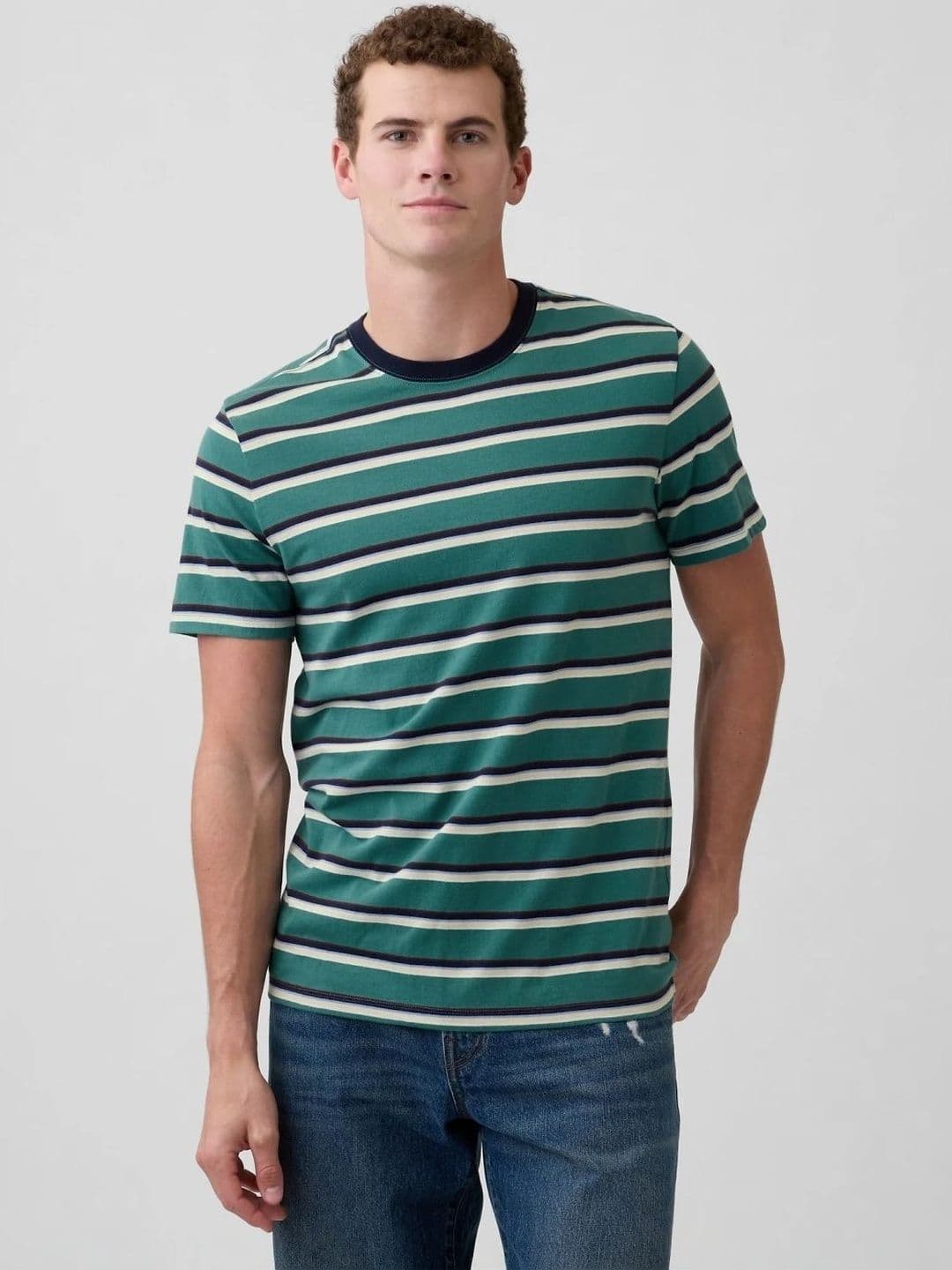 GAP Horizontal Stripes Crew Neck Half Green T-shirt - view 1
