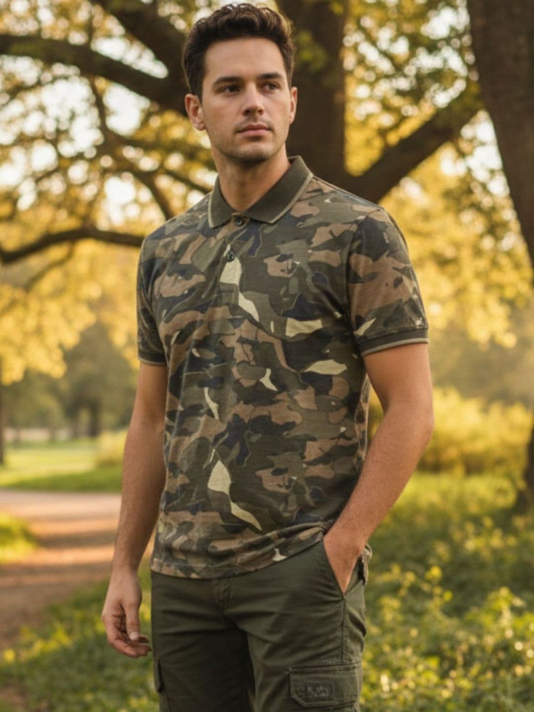 wild camo Men Camouflage Printed Polo Collar Pockets T-shirt - view 1