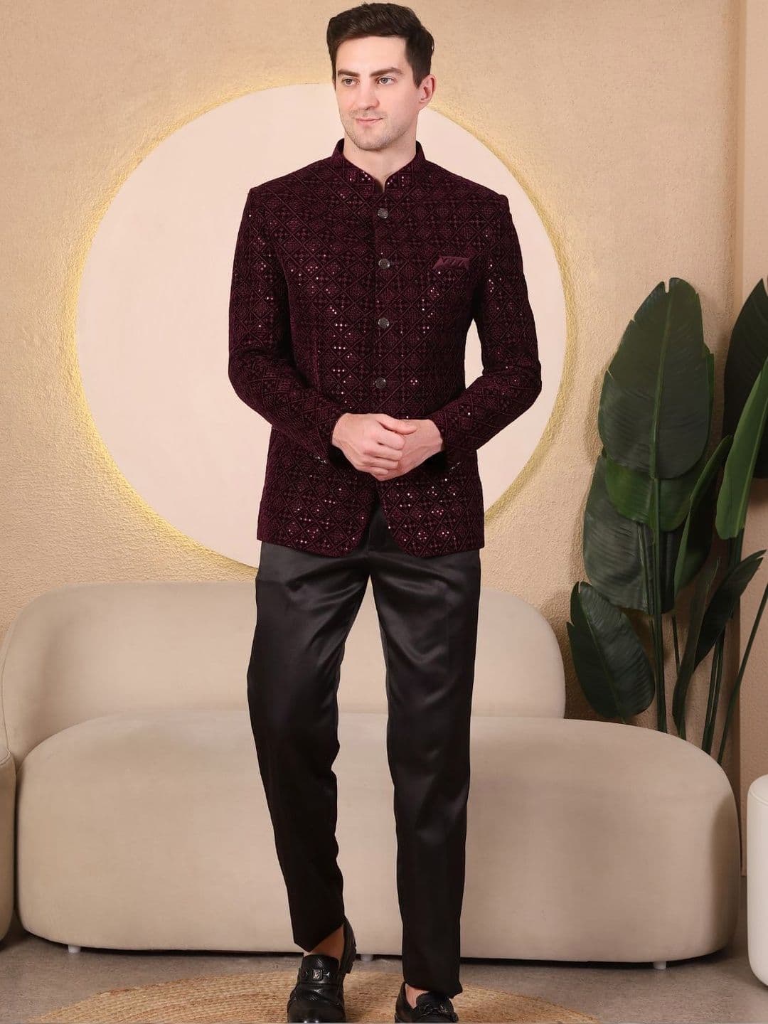 Dulha Ghar Self Design Band Collar Sherwani - view 1