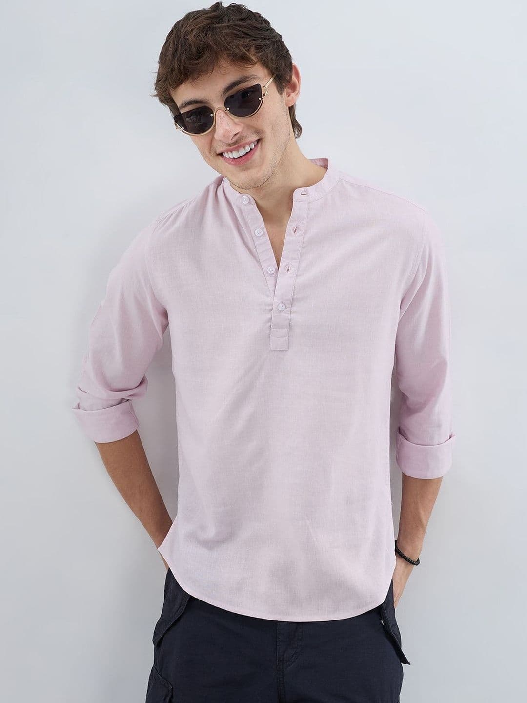 VASTRADO Premium Baby Pink Slub Textured Linen Blend Kurta - view 1