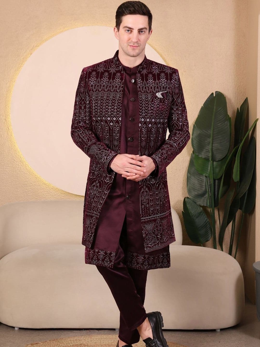 Dulha Ghar Self Design Band Collar Sherwani - view 1