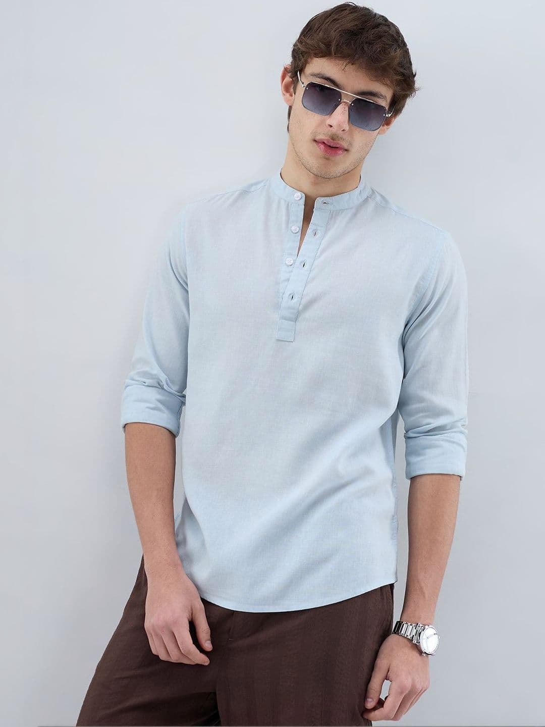 VASTRADO Premium Sky Blue Slub Textured Linen Blend Kurta - view 1