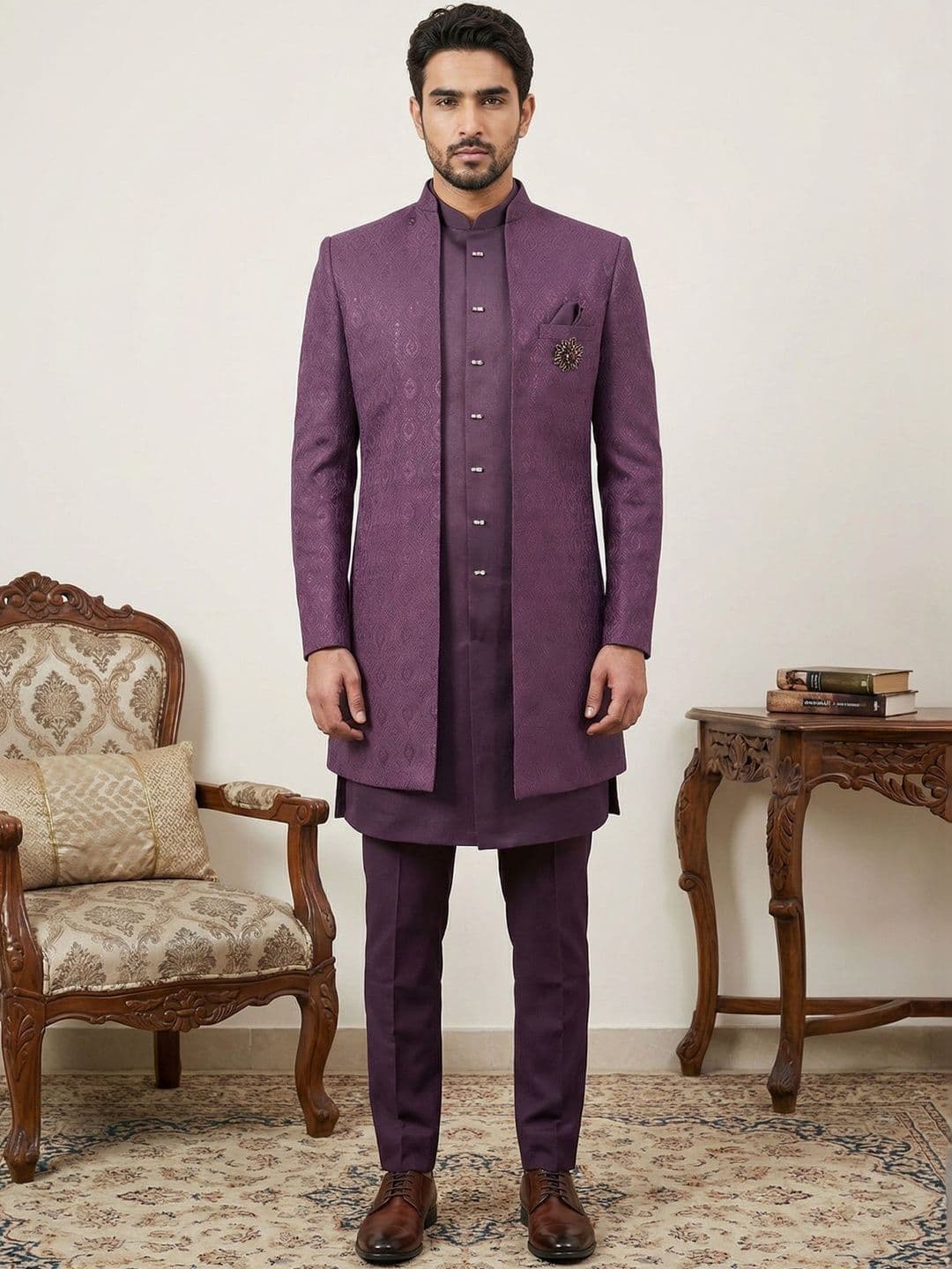 Jompers Self Design Mandarin Collar Sherwani - view 1
