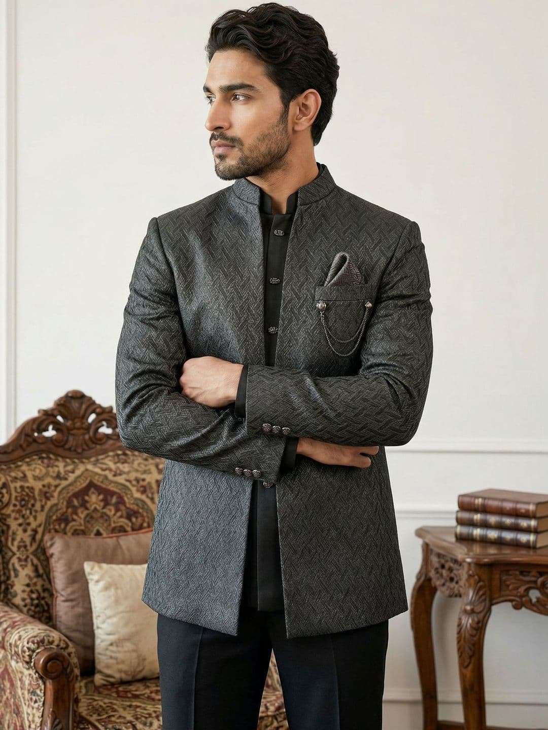 Jompers Self Design Mandarin Collar Sherwani - view 1