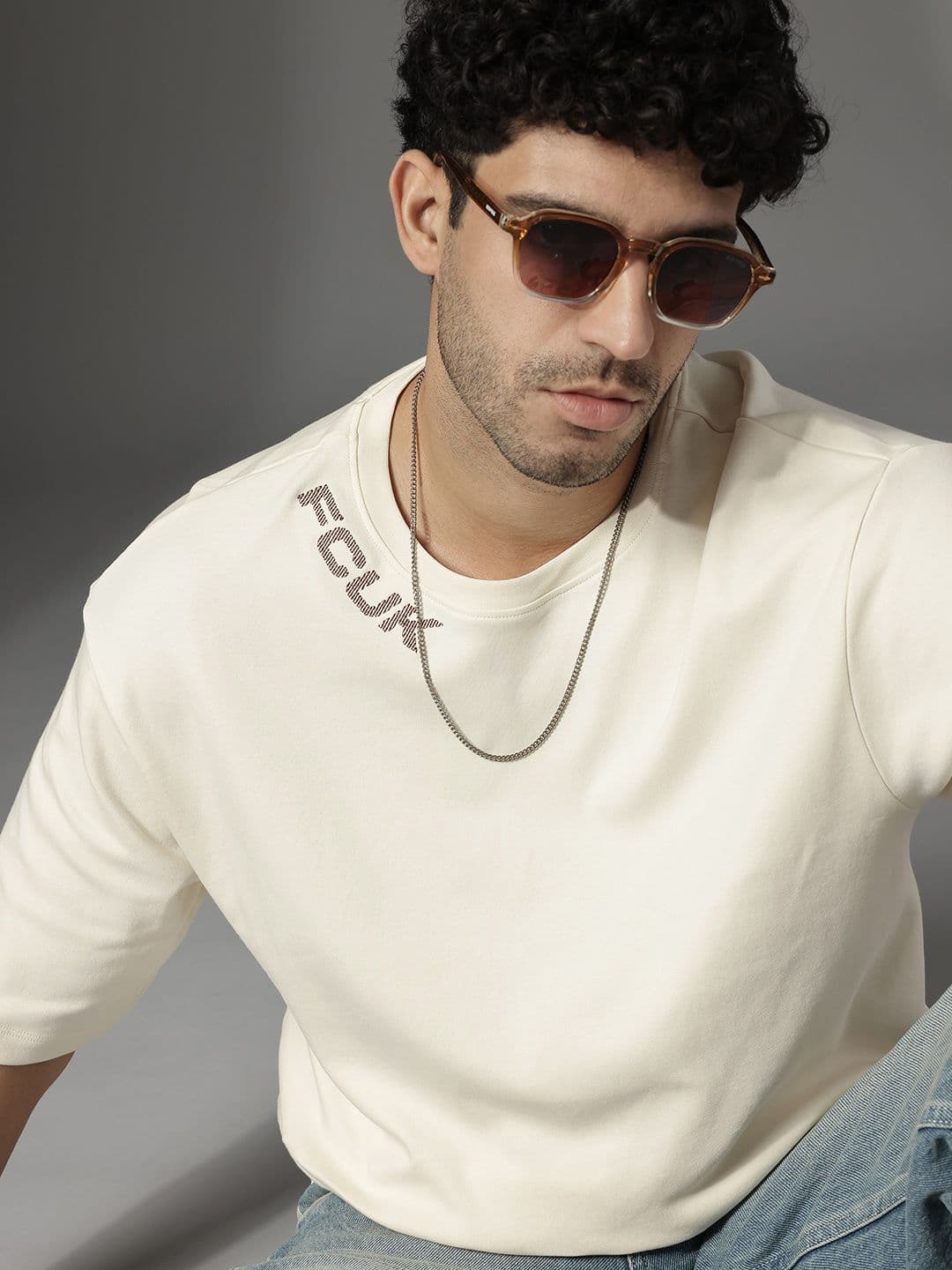 FCUK Brand Logo Embroidered Drop-Shoulder Sleeves Pure Cotton Relaxed Fit T-shirt - view 1
