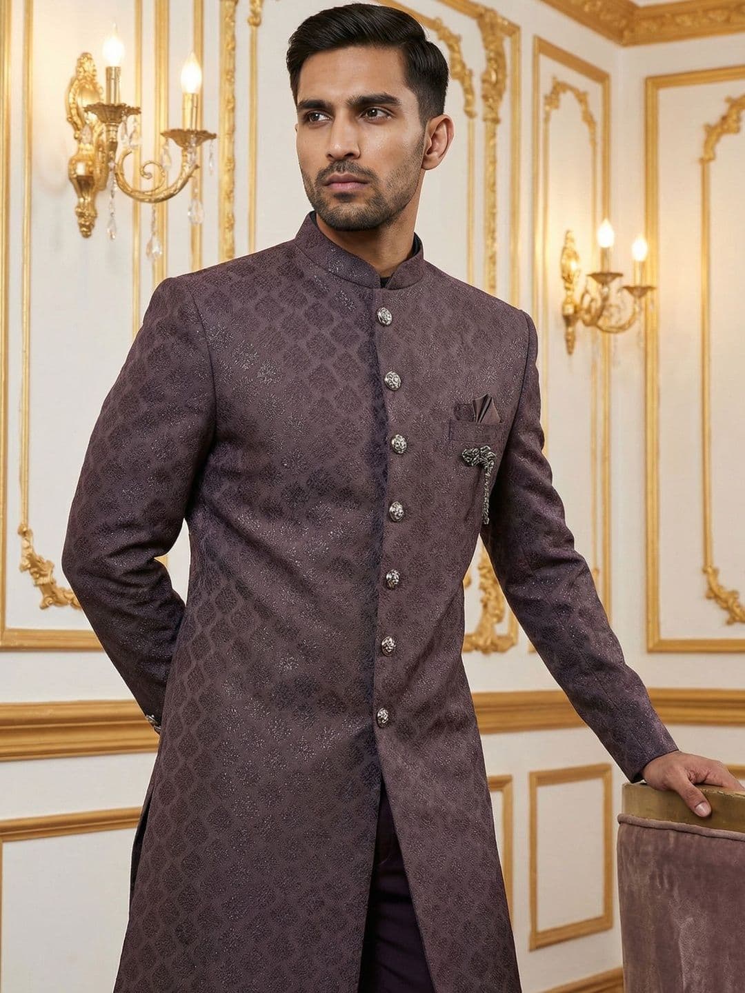 Jompers Self Design Mandarin Collar Sherwani - view 1